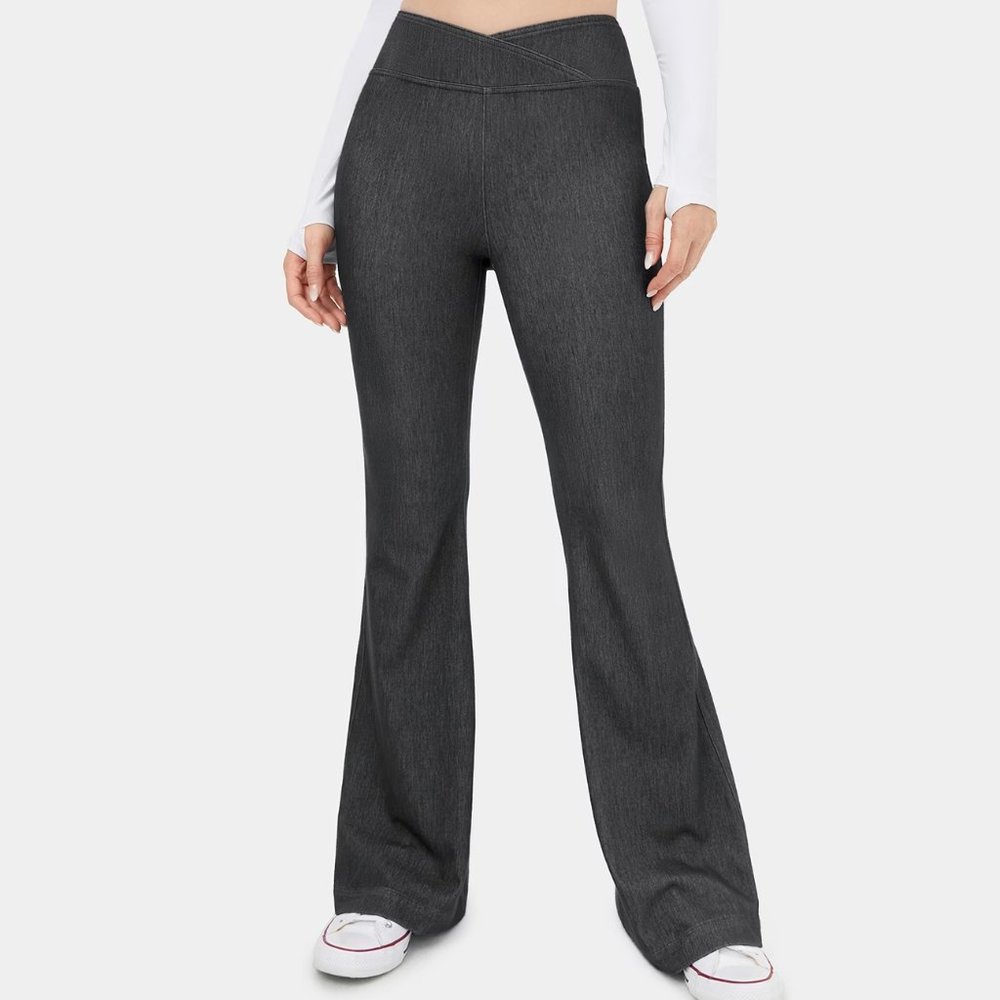 HalaraMagic High Waisted Crossover Stretchy Denim Flare Pants Size L (Petite)